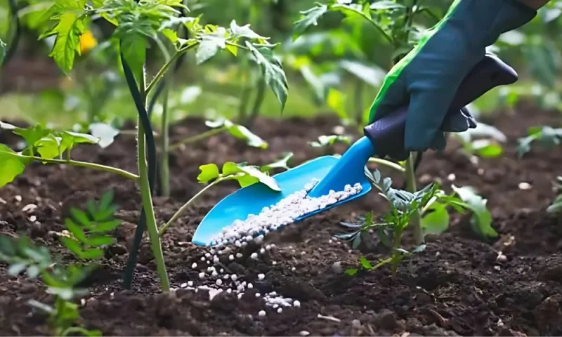 Người nông dân đang bón phân cho cây trồng trong vườn