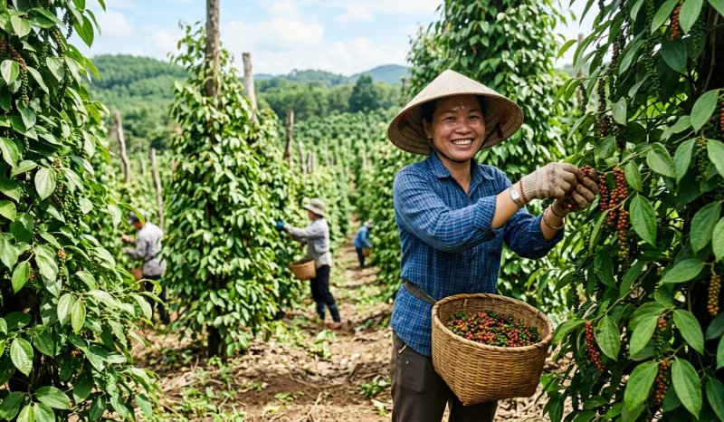Người nông dân đang thu hoạch tiêu tại vườn tiêu xanh tốt