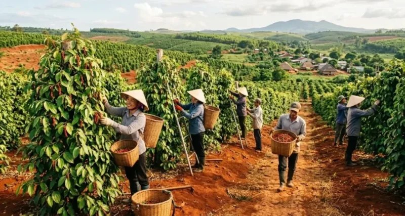 Nông dân đang thu hoạch hồ tiêu tại vườn tiêu xanh tốt ở Việt Nam