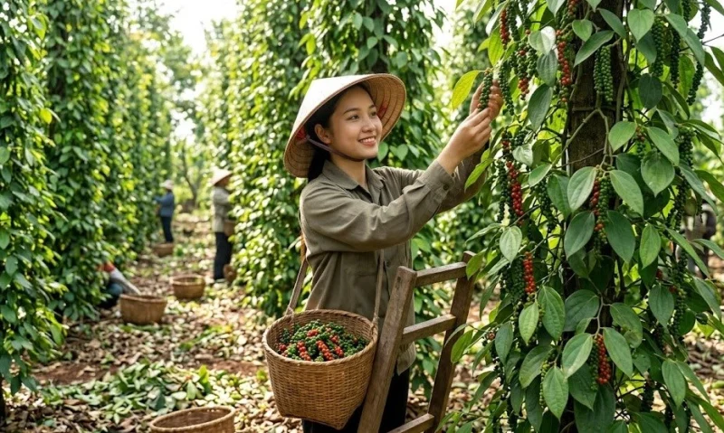 Người nông dân Việt Nam đang thu hoạch tiêu tại vườn tiêu xanh tốt