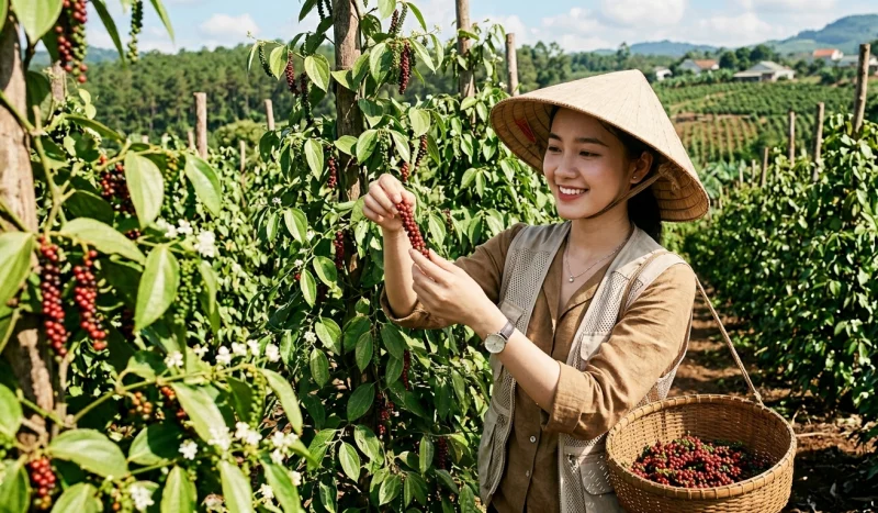 Người nông dân Việt Nam đang thu hoạch hồ tiêu tại vườn tiêu
